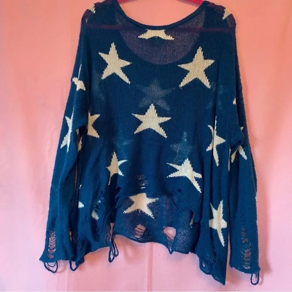 Wildfox 'Seeing Stars' Blue White Long Sleeve Lennon Sweater Large White Label L - Picture 6 of 8